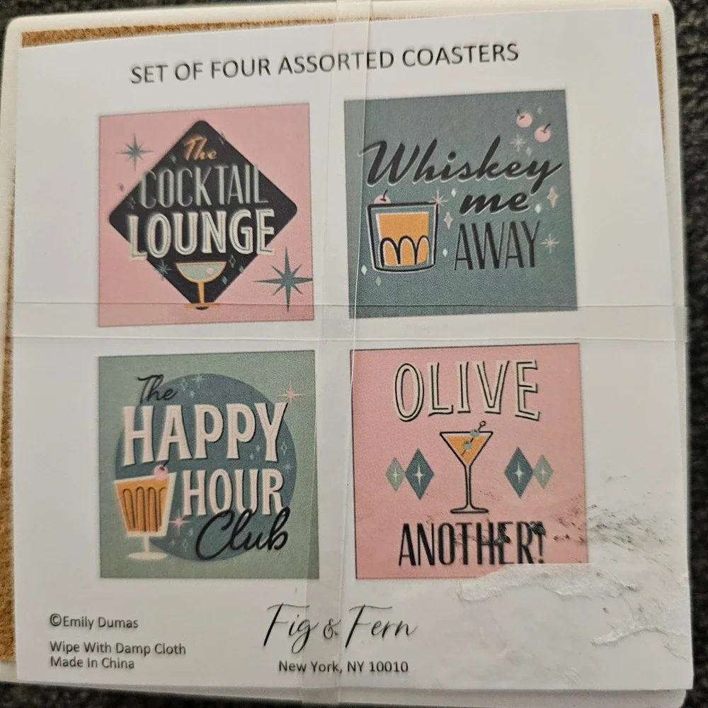 Fig and Fern The Cocktail Lounge Set of Four Assorted Coasters New cork bottoms
